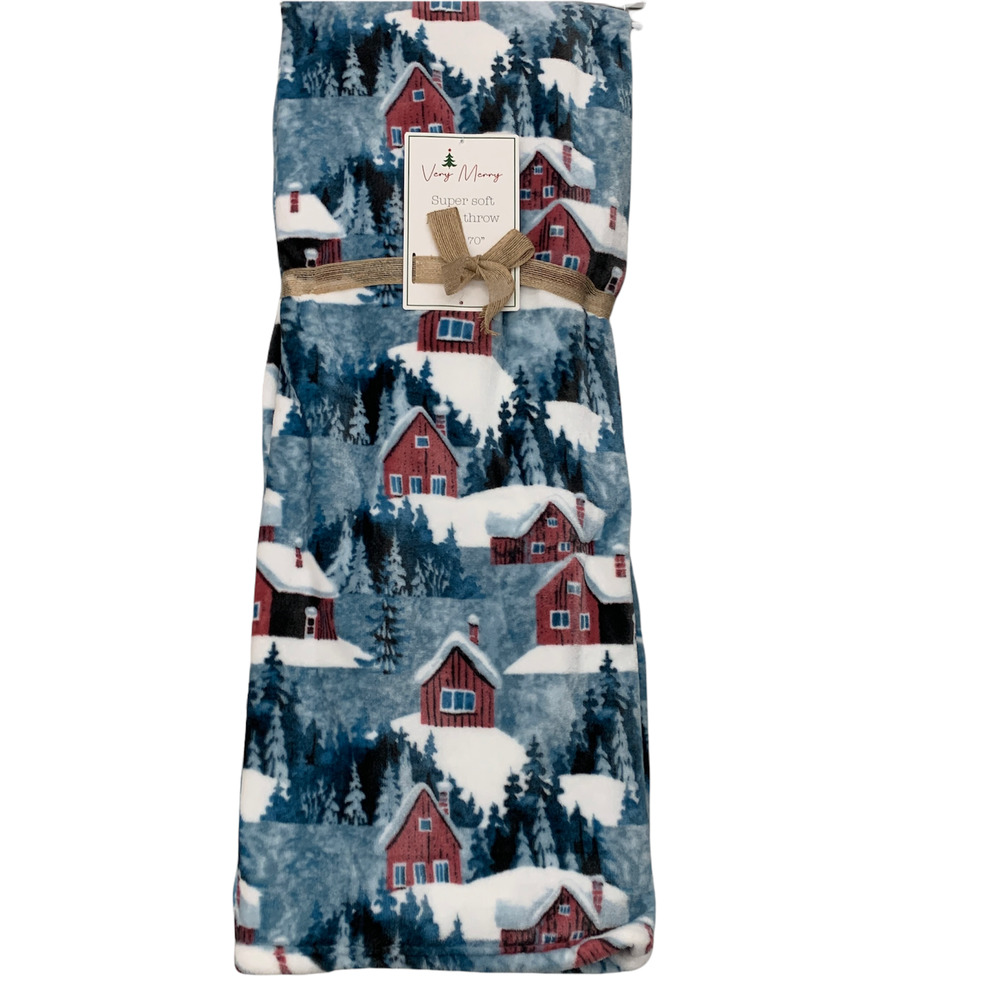 Snow Red Christmas House Village Winter Trees Holiday Plush Throw Blanket Blue